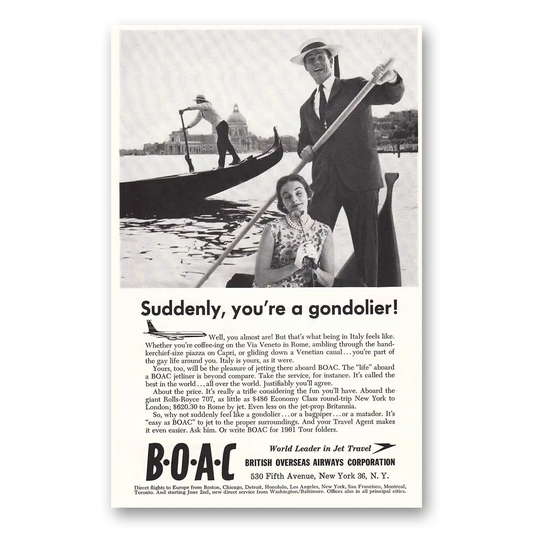 1961 British Airways BOAC Suddenly You're a Gondolier Vintage Magazine Print Ad