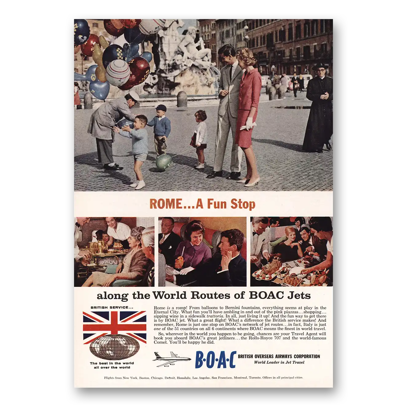 1961 British Airways BOAC Rome Fun Stop Vintage Magazine Print Ad