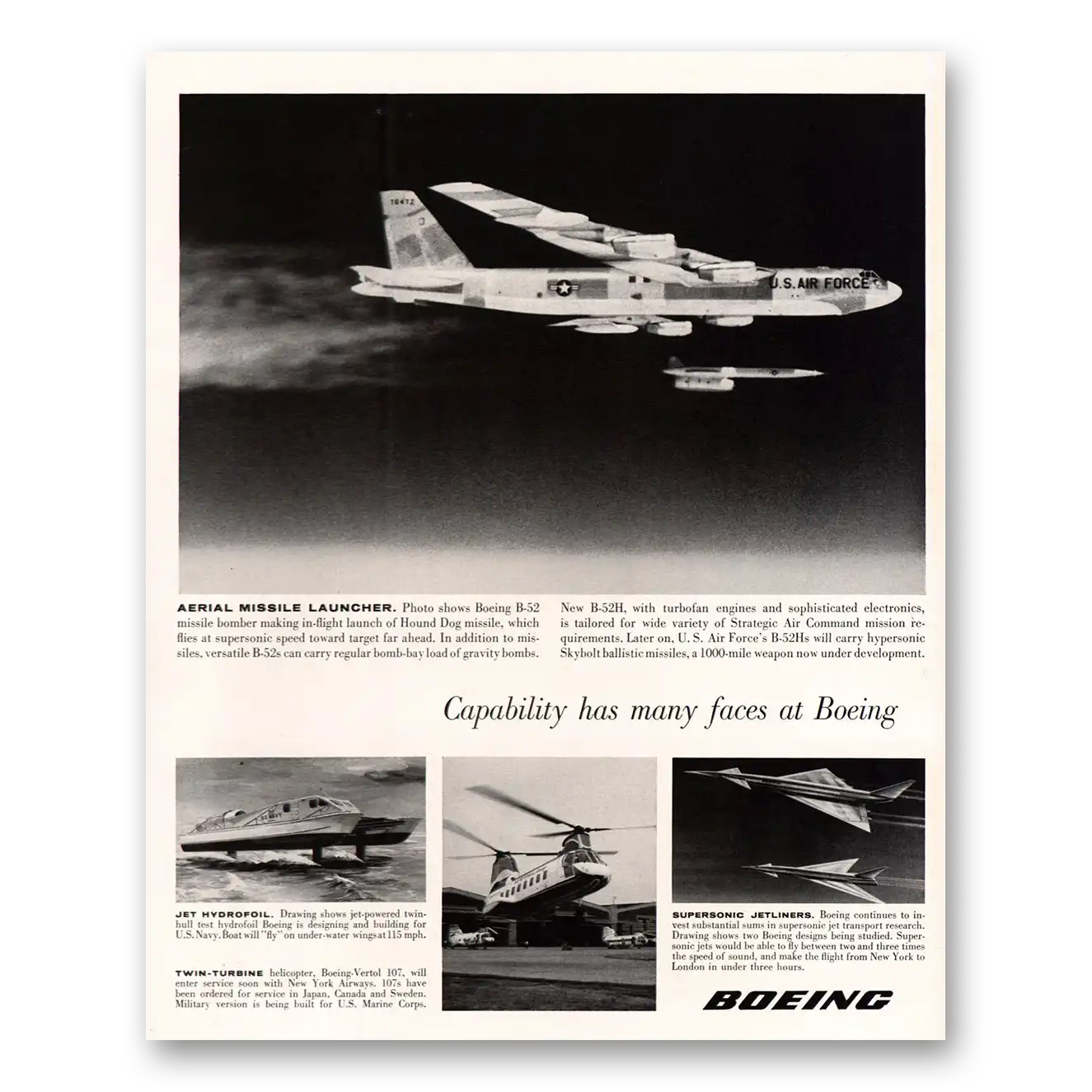 1961 Boeing B52 Aerial Missile Launcher Vintage Magazine Print Ad