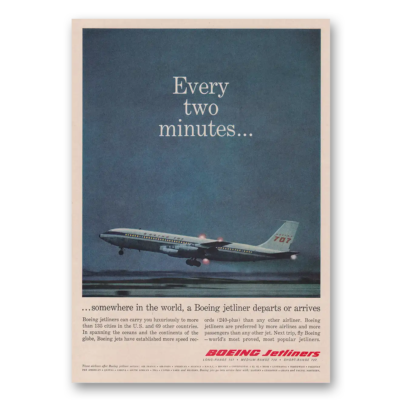 1961 Boeing Jetliners Every Two Minutes Vintage Magazine Print Ad