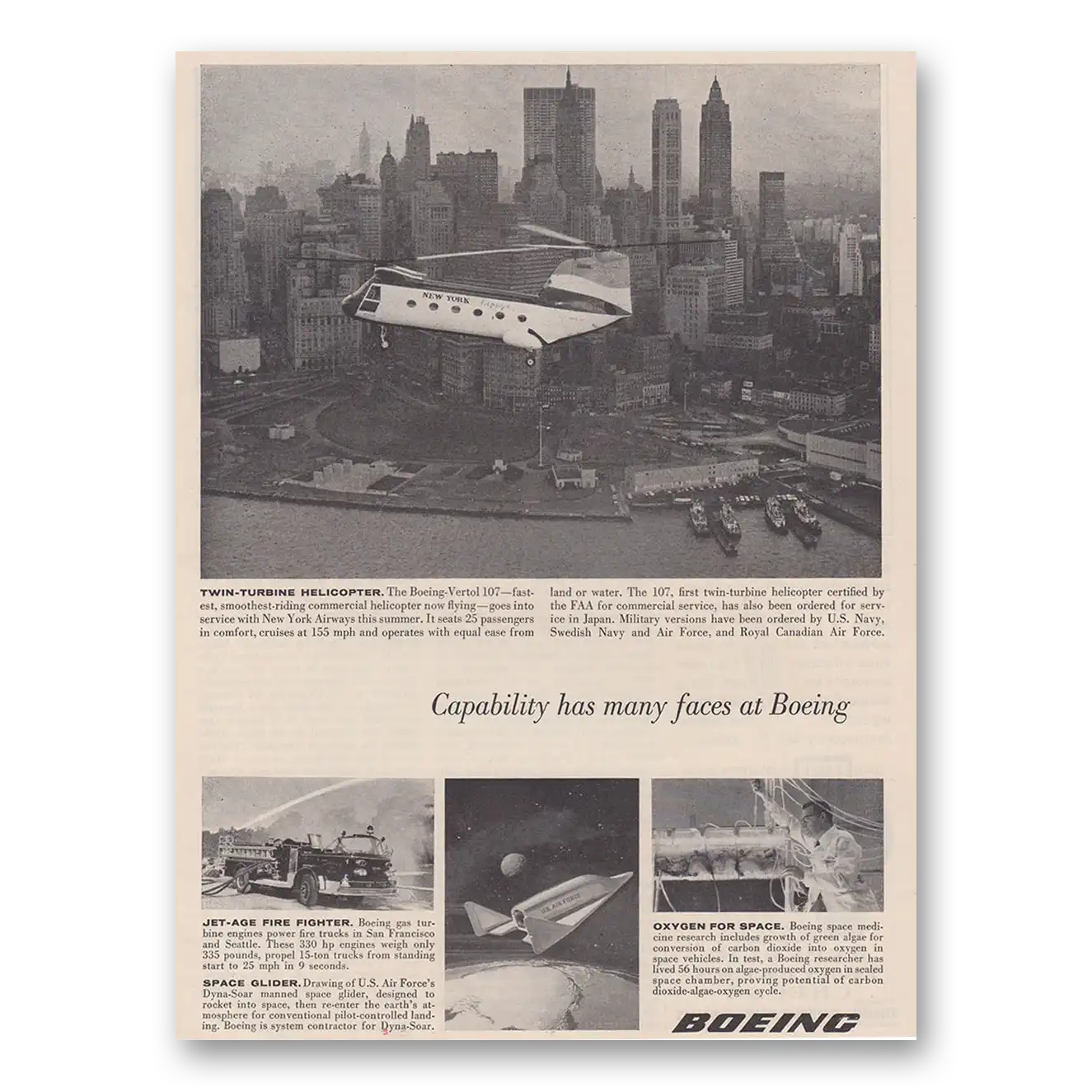 1961 Boeing Helicopter Capability Has Many Faces Vintage Magazine Print Ad