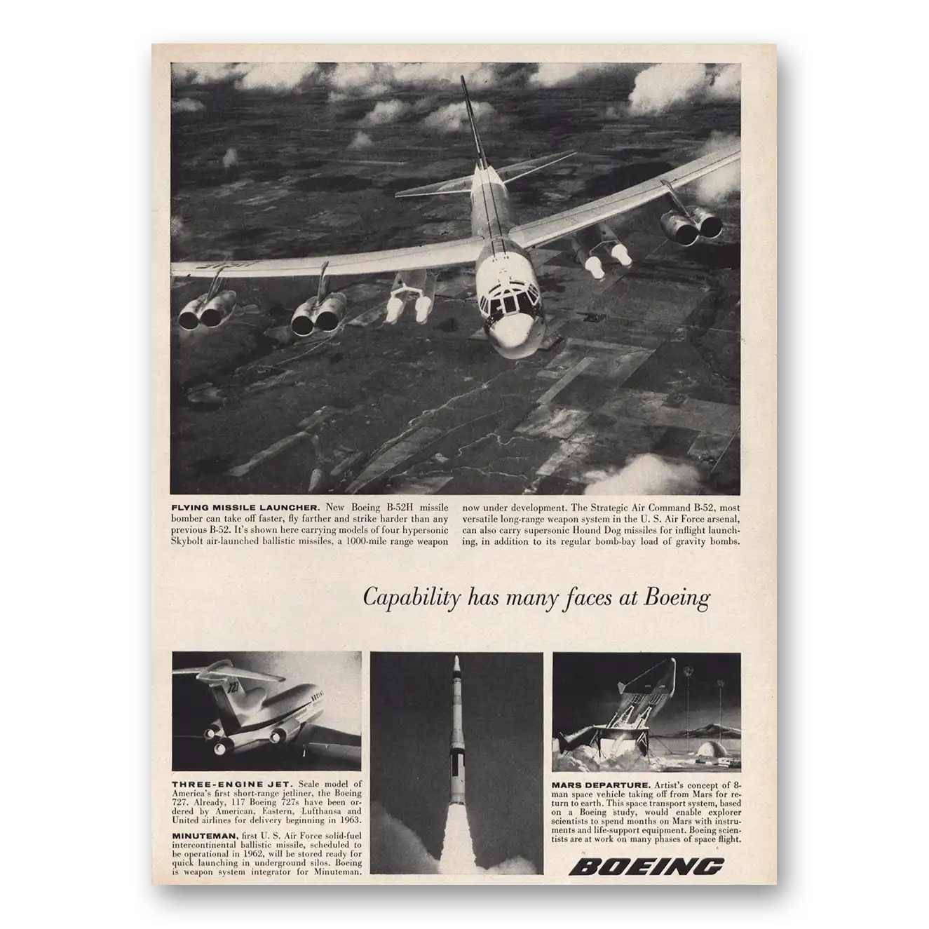 1961 Boeing B52 Flying Missile Launcher B52H Vintage Magazine Print Ad