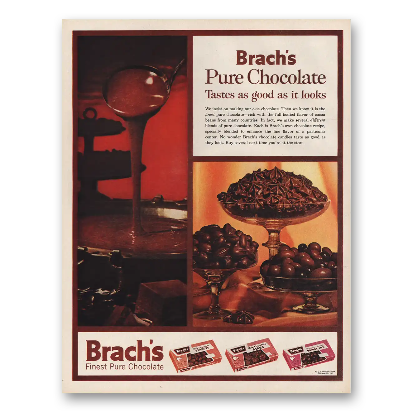 1961 Brachs Candy Pure Chocolate Tastes as Good Vintage Magazine Print Ad