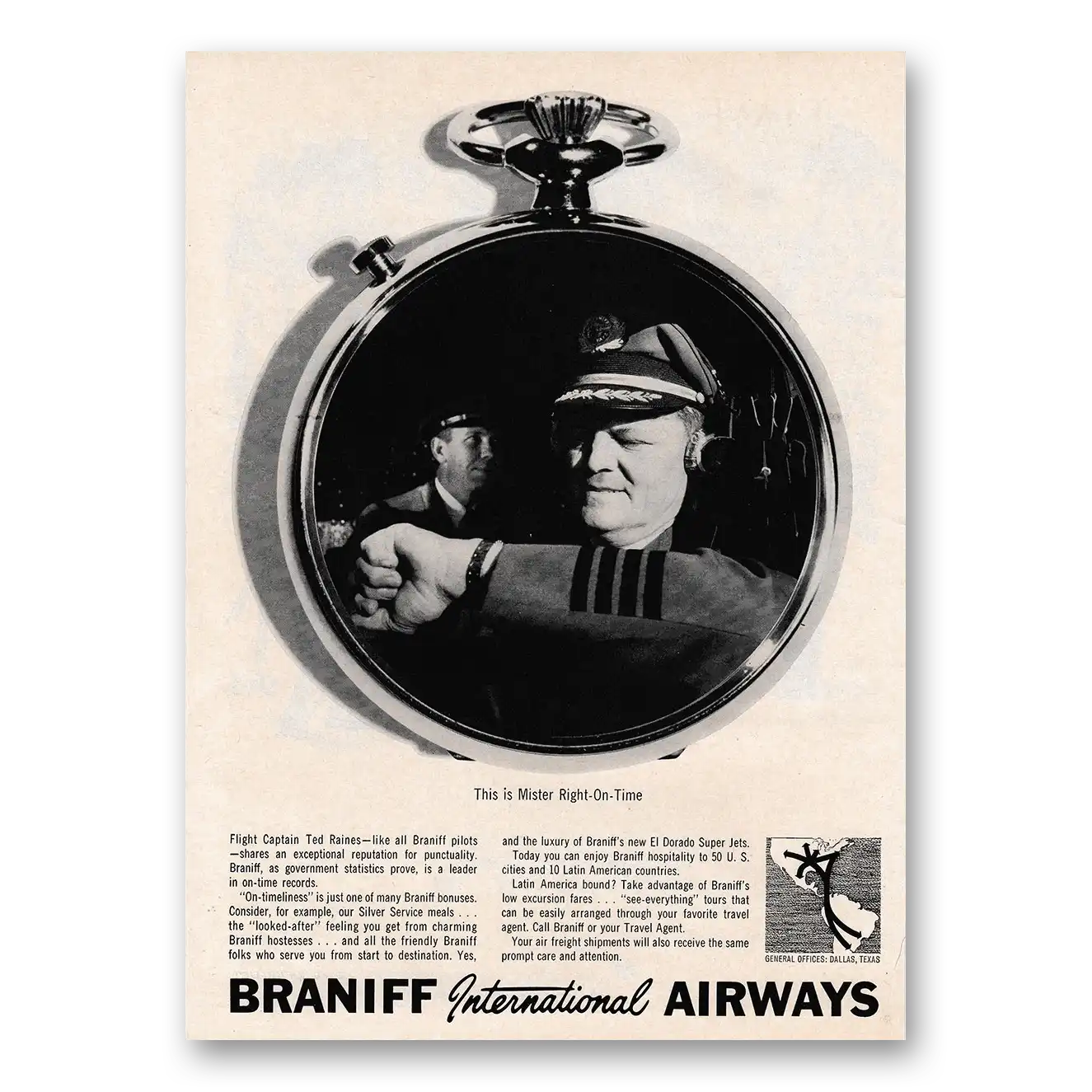 1961 Braniff International Airways Mister Right On Time Vintage Magazine Print Ad