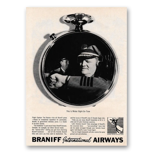 1961 Braniff International Airways Mister Right On Time Vintage Magazine Print Ad