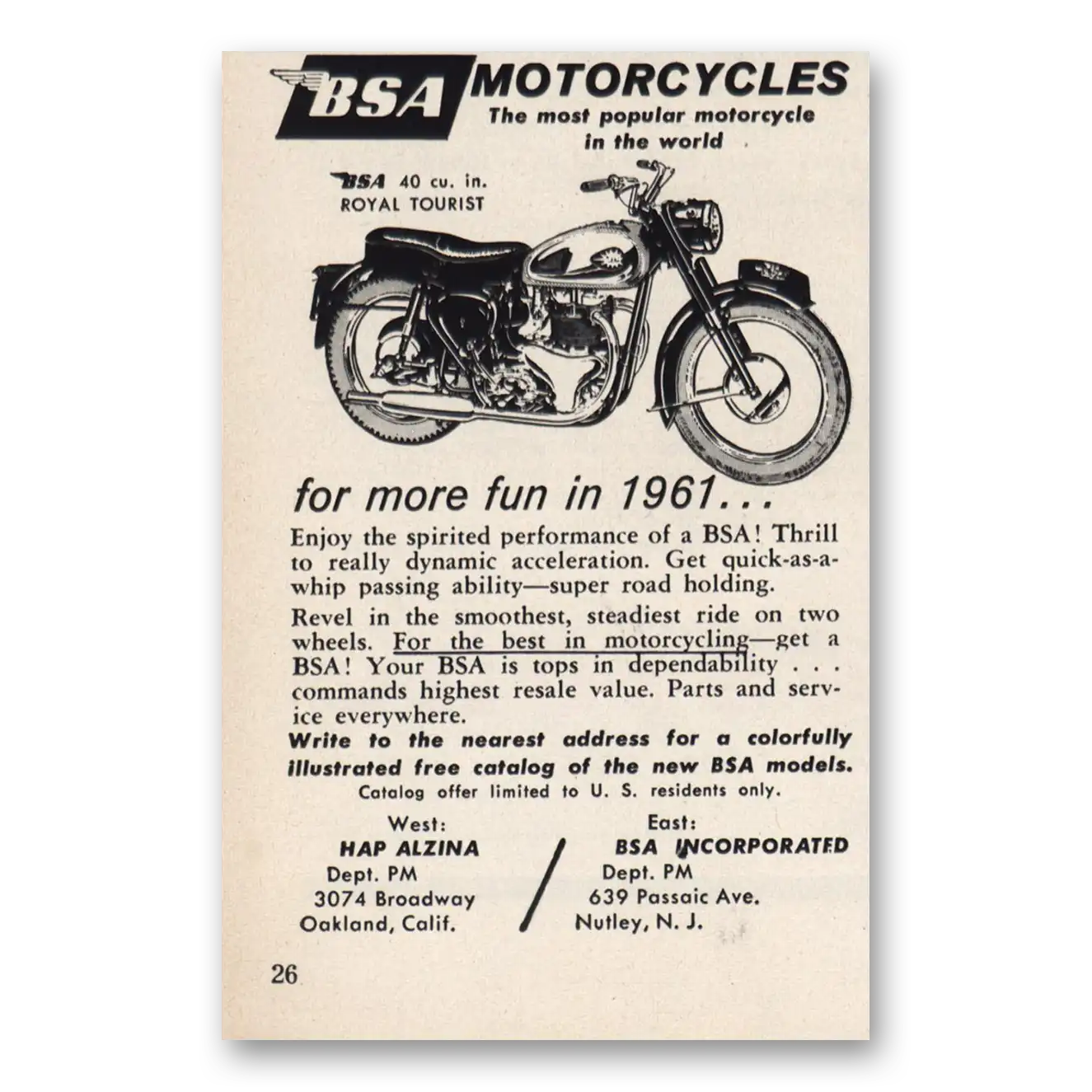 1961 BSA Motorcycles More Fun In 1961 Vintage Magazine Print Ad