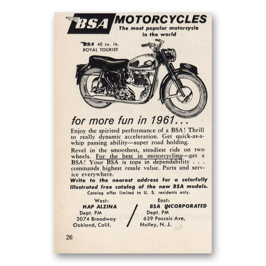 1961 BSA Motorcycles More Fun In 1961 Vintage Magazine Print Ad