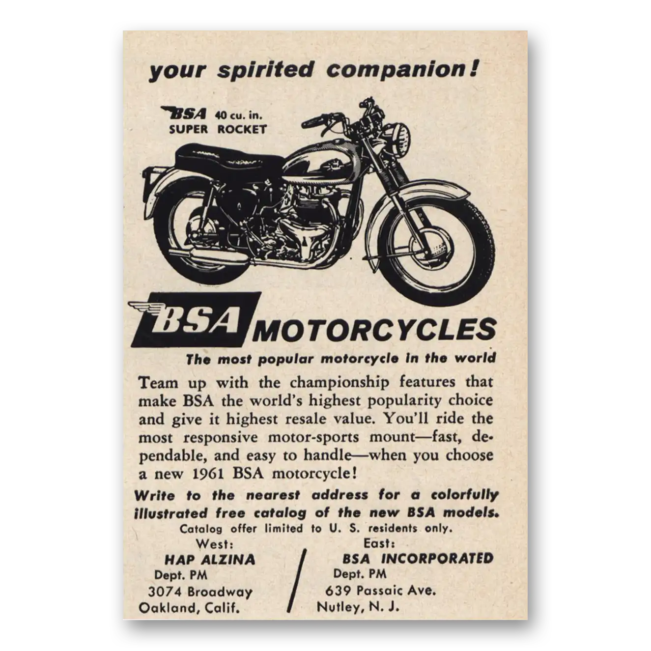 1961 BSA Motorcycles Your Spirited Companion Vintage Magazine Print Ad