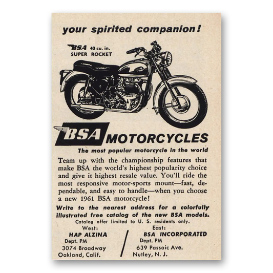 1961 BSA Motorcycles Your Spirited Companion Vintage Magazine Print Ad