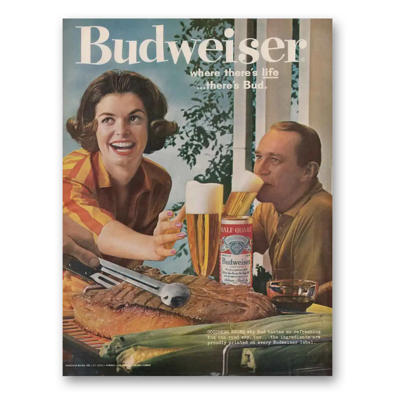 1961 Budweiser Beer Barbecue Where Theres Life Vintage Magazine Print Ad