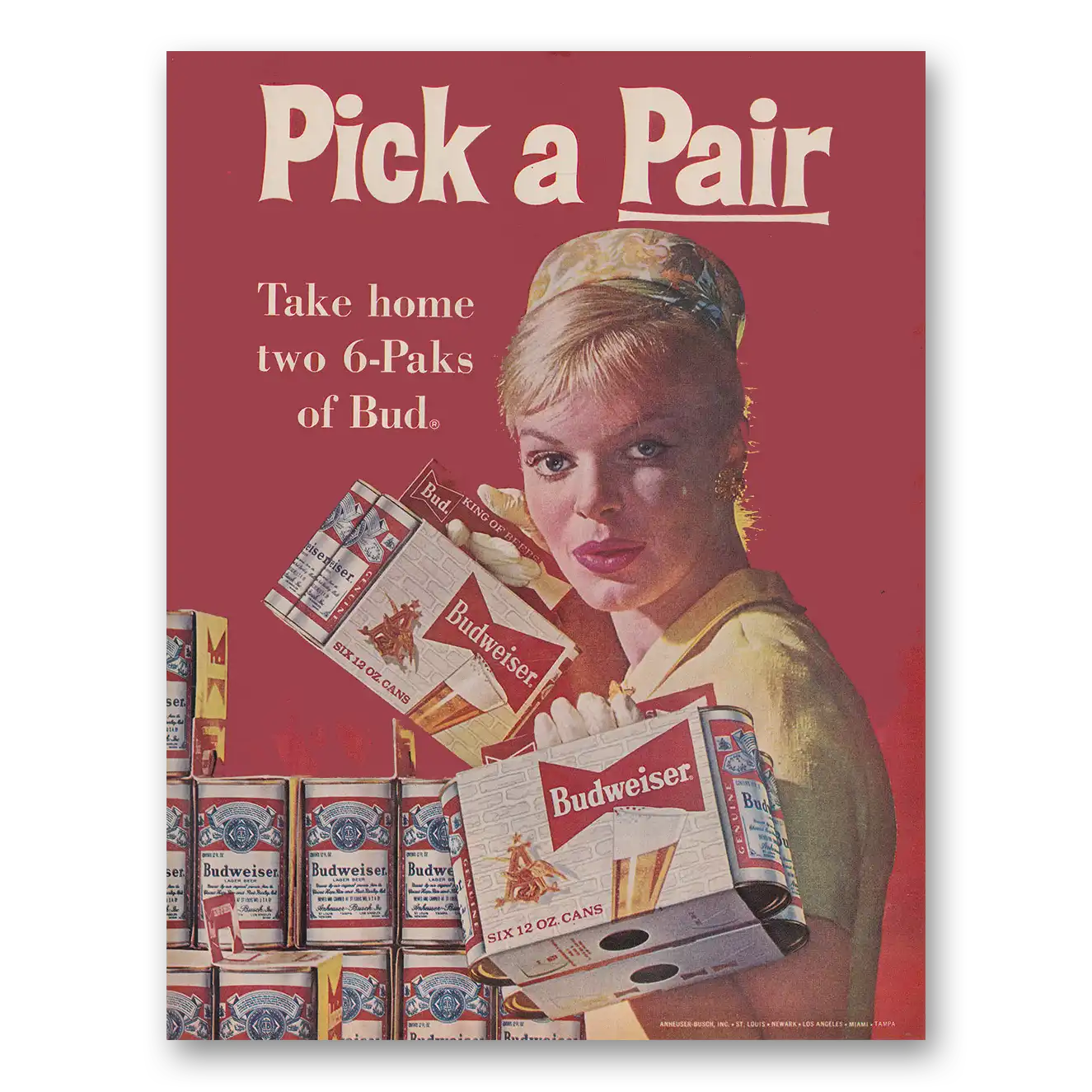 1961 Budweiser Beer Pick a Pair Take Home Two 6 Paks Vintage Magazine Print Ad