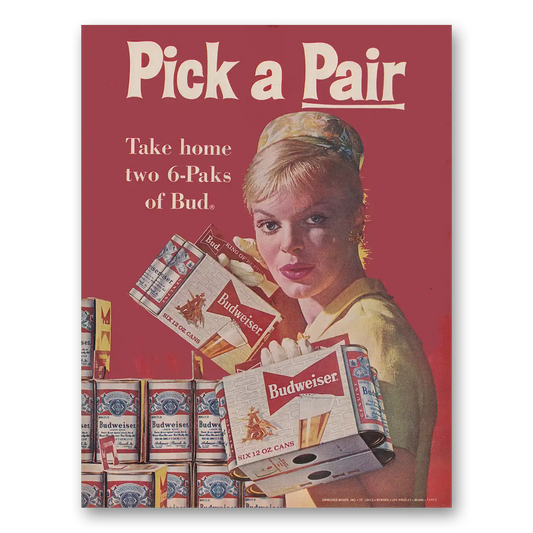 1961 Budweiser Beer Pick a Pair Take Home Two 6 Paks Vintage Magazine Print Ad