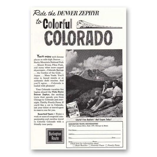 1961 Burlington Route Colorful Colorado Denver Zephyr Vintage Magazine Print Ad