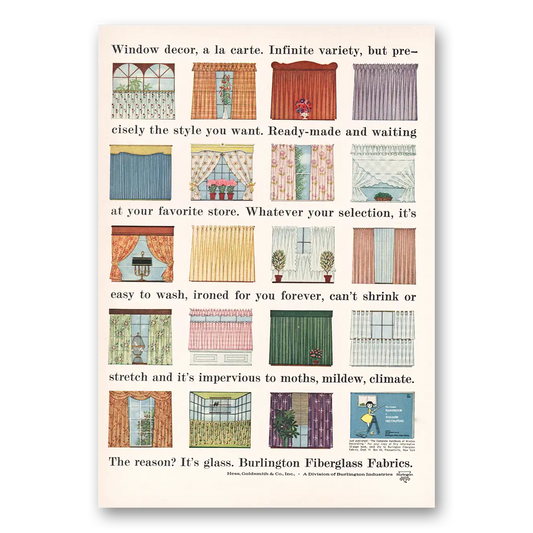 1961 Burlington Fiberglass Fabrics Window Decor Vintage Magazine Print Ad