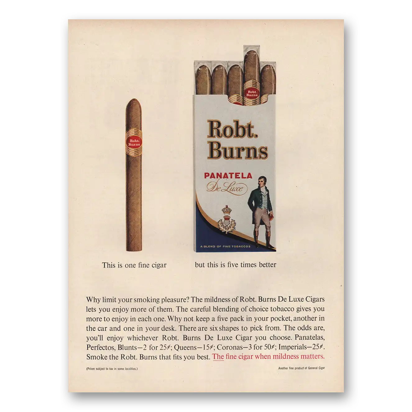 1961 Robt Burns Cigars Panatela Cigars This Is One Fine Cigar Vintage Magazine Print Ad