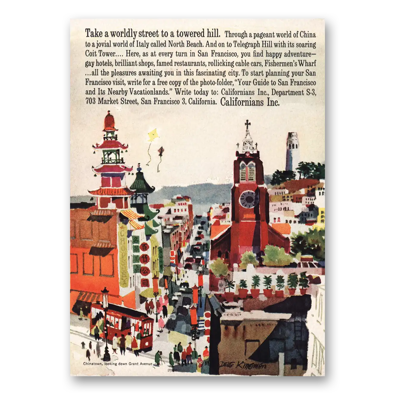 1961 San Francisco California Take a Wordly Street to a Towered Hill Vintage Magazine Print Ad