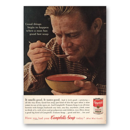 1961 Campbells Tomato Soup When Man Has Good Hot Soup Vintage Magazine Print Ad