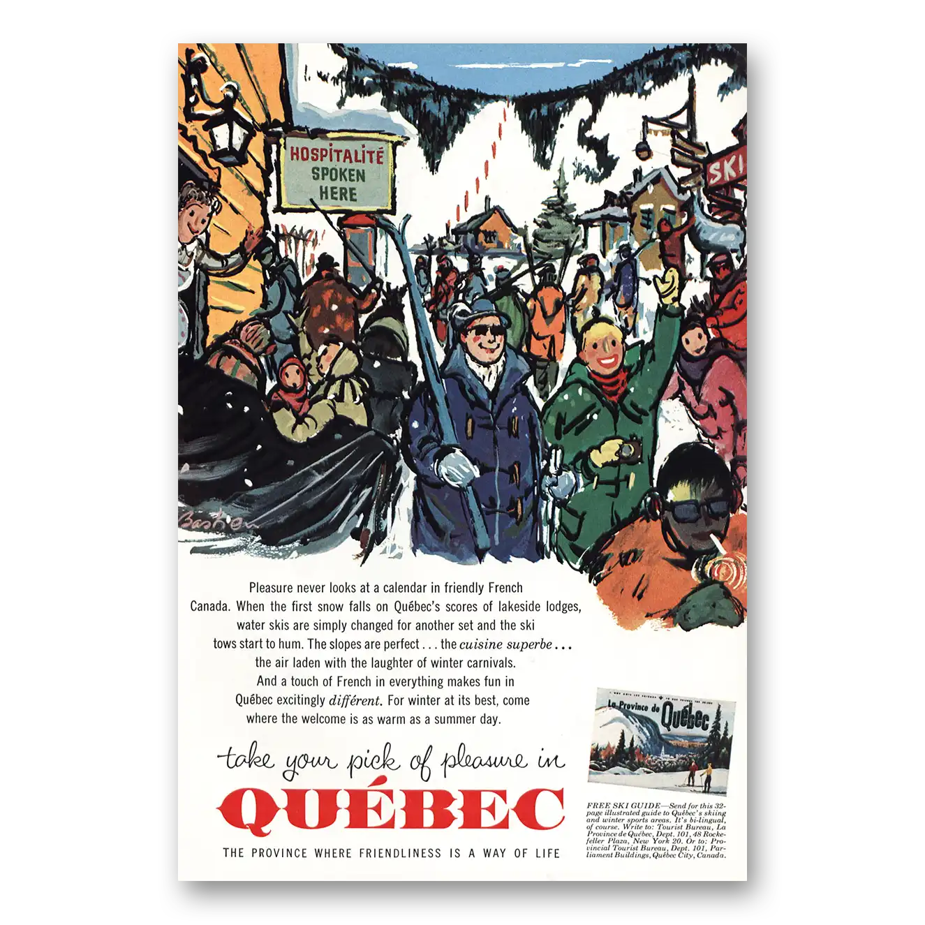 1961 Quebec Canada Hospitalite Spoken Here Ski Vintage Magazine Print Ad