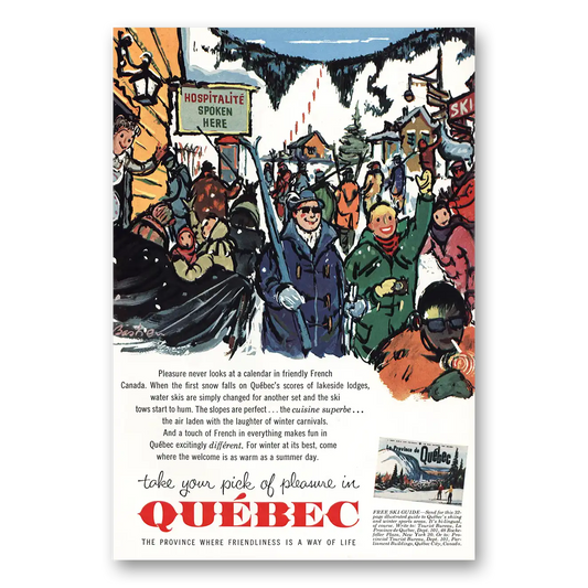 1961 Quebec Canada Hospitalite Spoken Here Ski Vintage Magazine Print Ad