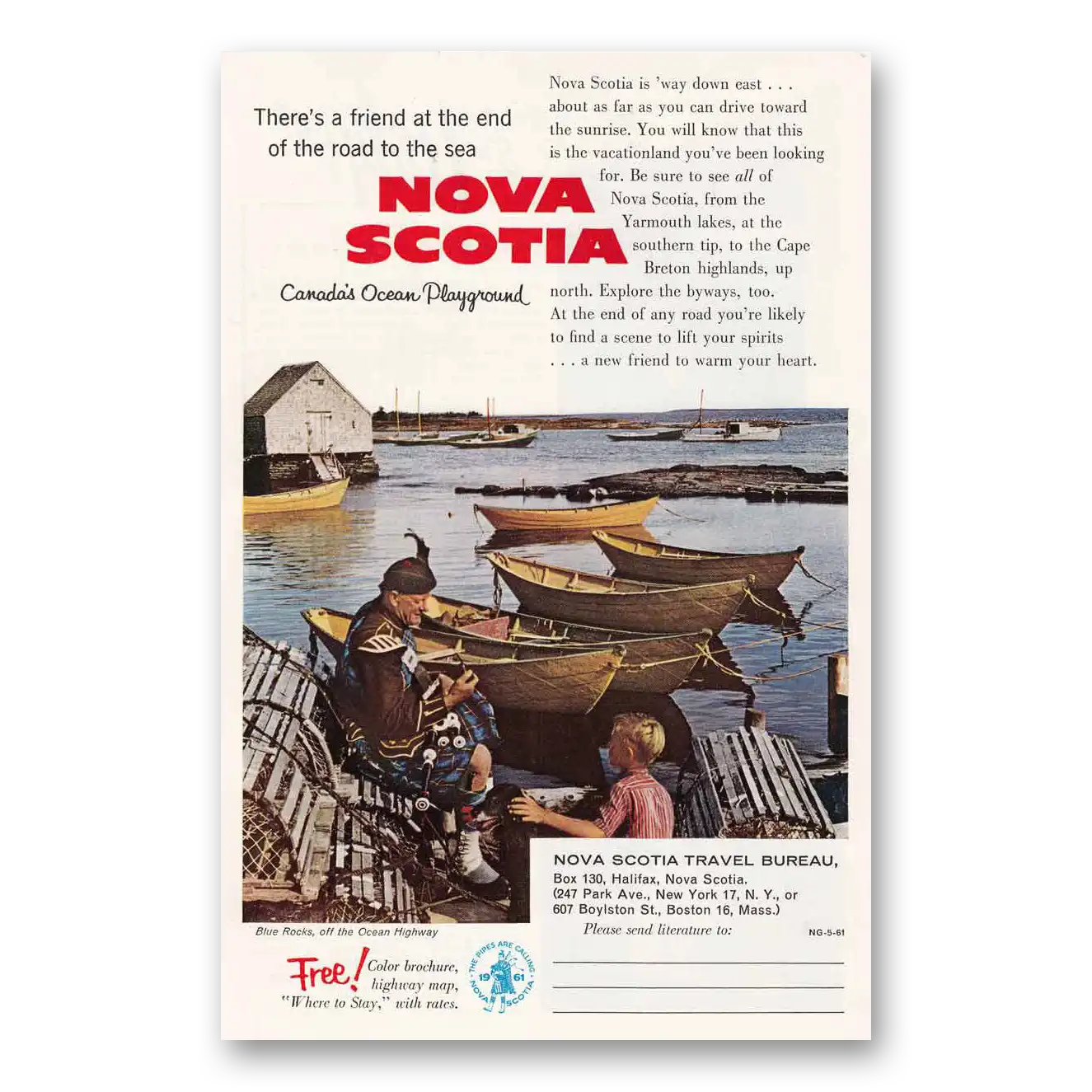 1961 Nova Scotia Canada Blue Rocks Friend at the End of the Road Vintage Magazine Print Ad