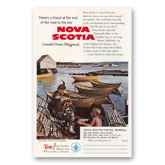 1961 Nova Scotia Canada Blue Rocks Friend at the End of the Road Vintage Magazine Print Ad