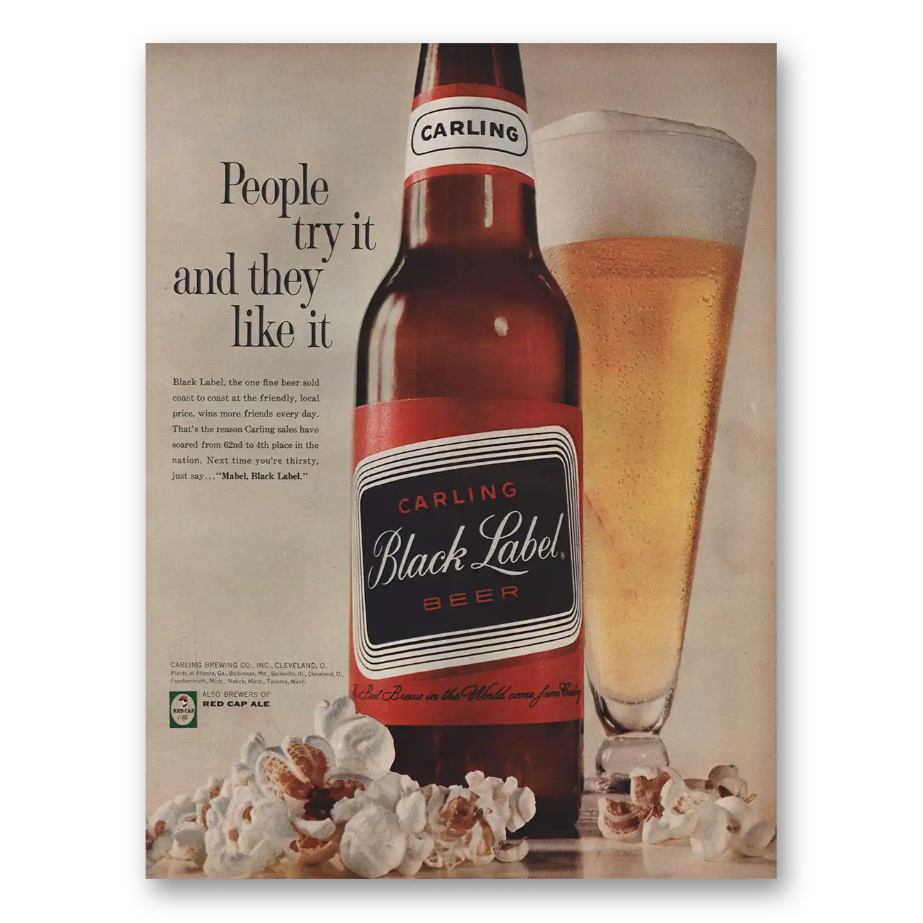 1961 Carling Black Label Beer People Try It Popcorn Vintage Magazine Print Ad