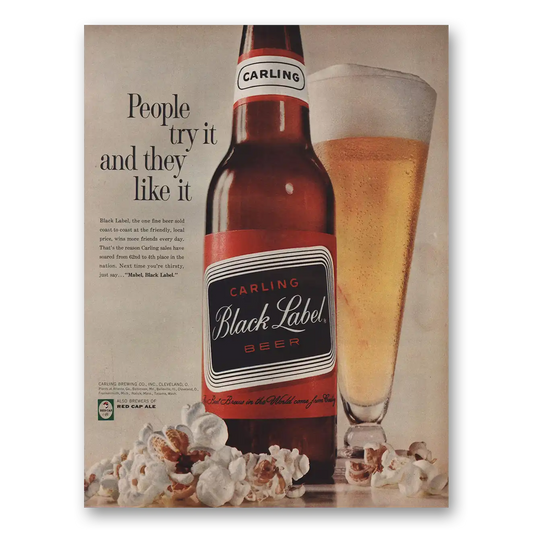 1961 Carling Black Label Beer People Try It Popcorn Vintage Magazine Print Ad