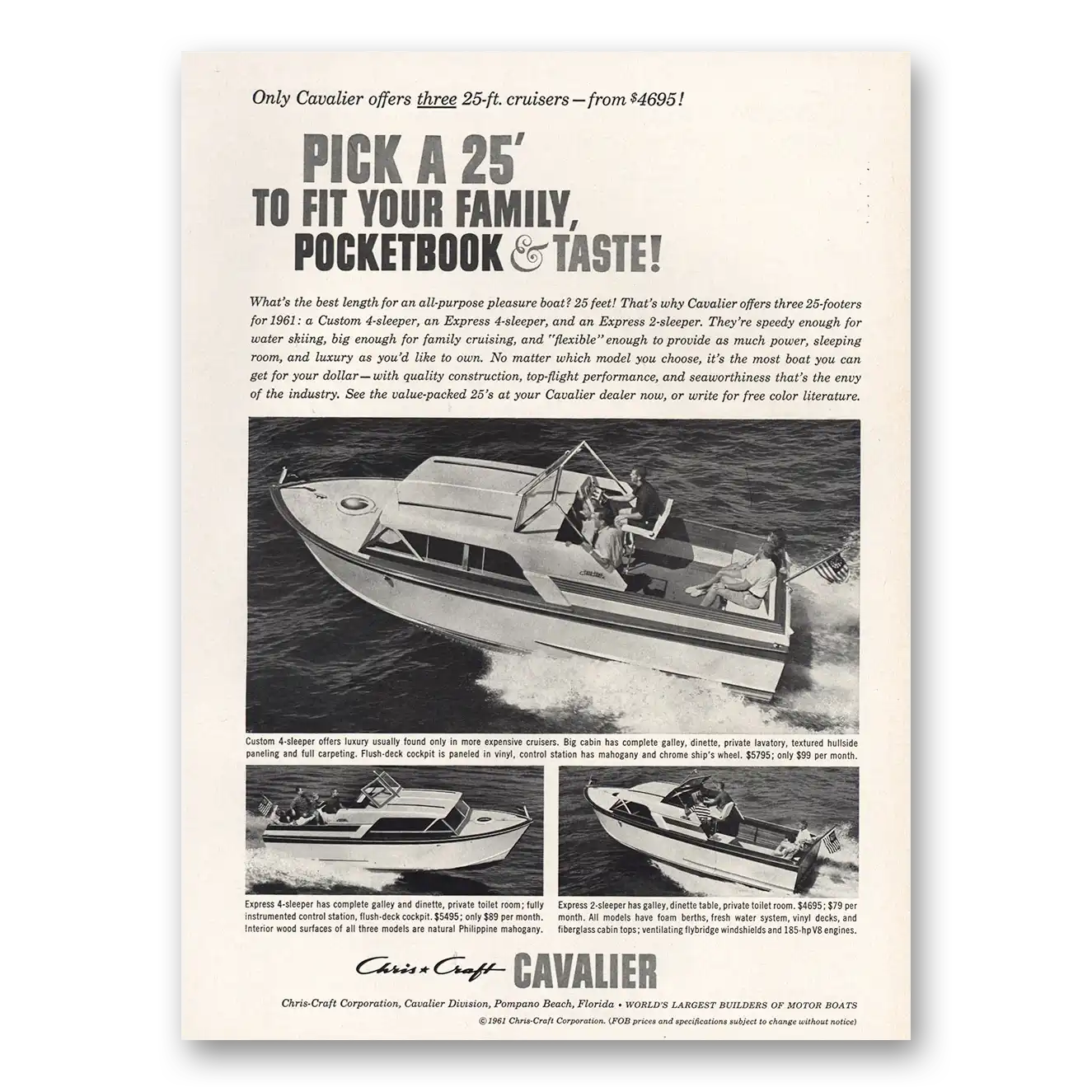 1961 Chris Craft Cavalier Pocketbook and Taste Vintage Magazine Print Ad