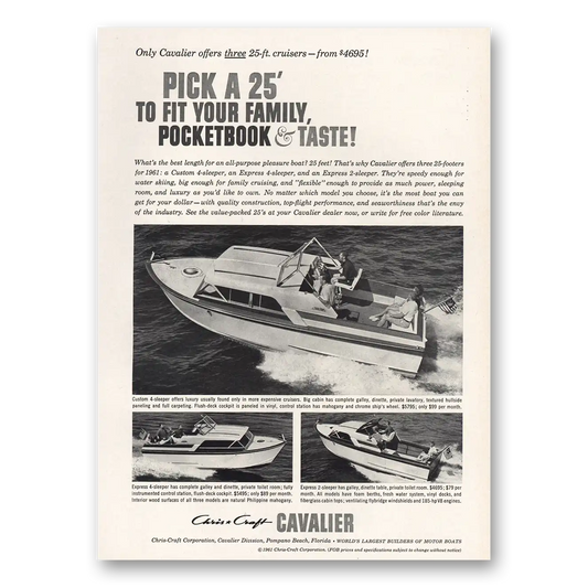 1961 Chris Craft Cavalier Pocketbook and Taste Vintage Magazine Print Ad