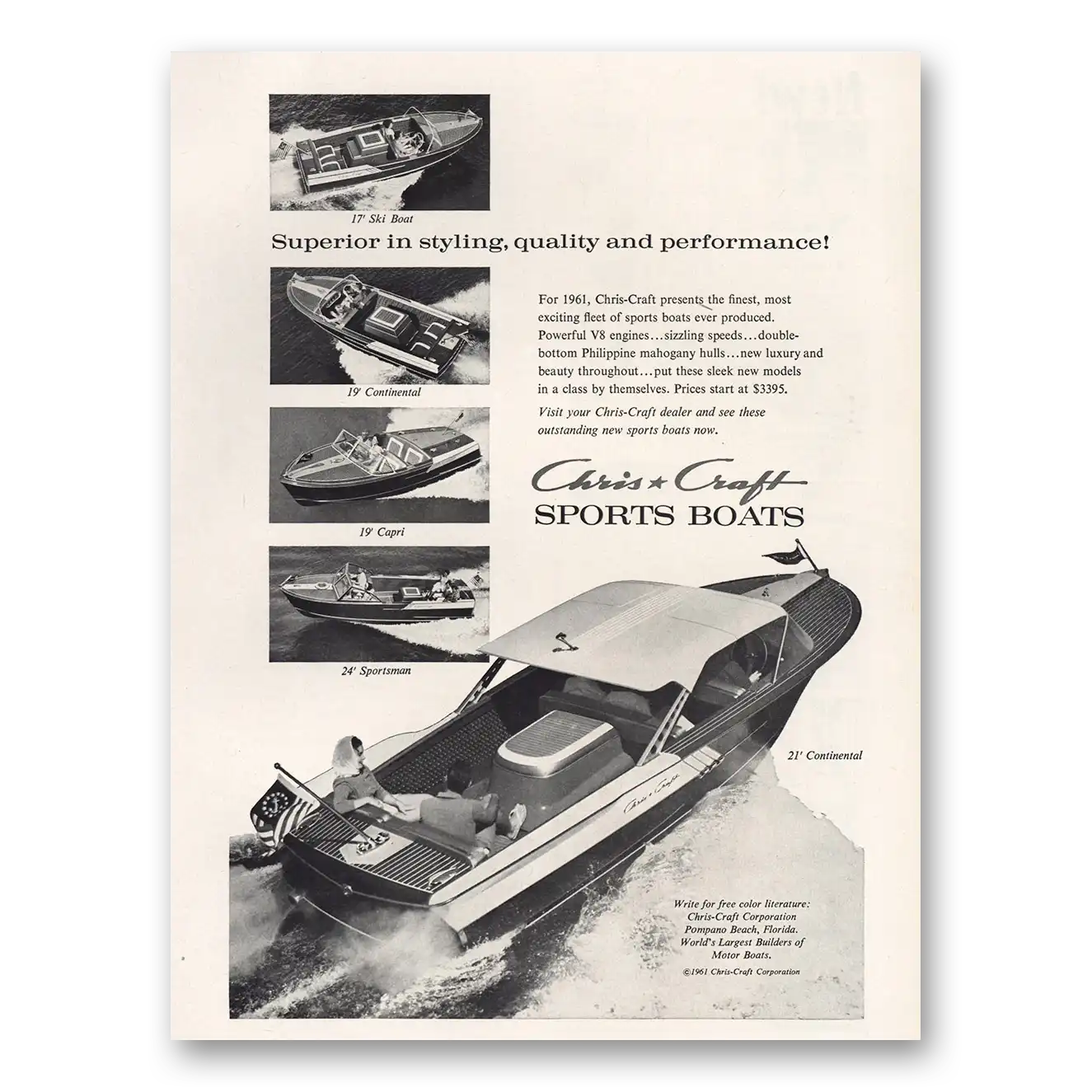 1961 Chris Craft Sports Boats Superior In Styling Vintage Magazine Print Ad