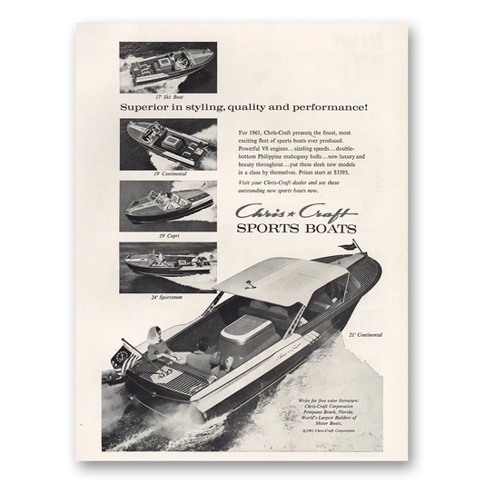 1961 Chris Craft Sports Boats Superior In Styling Vintage Magazine Print Ad