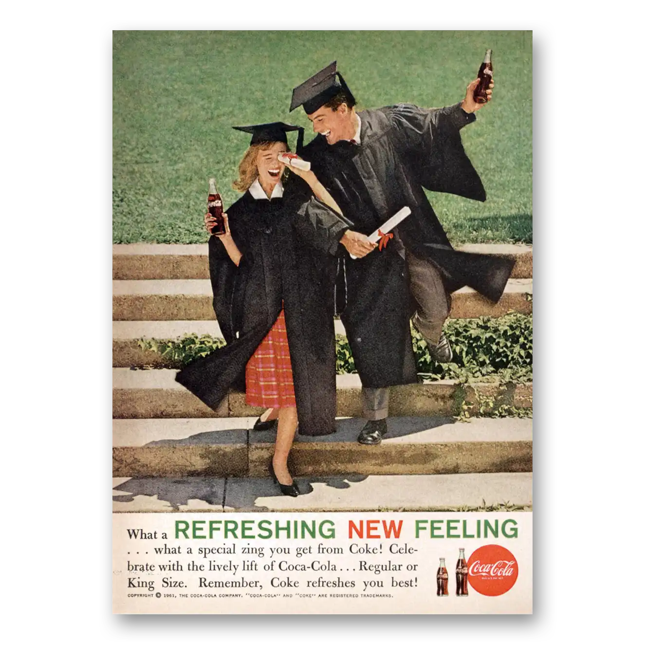 1961 Coca Cola Graduates Refreshing New Feeling Vintage Magazine Print Ad