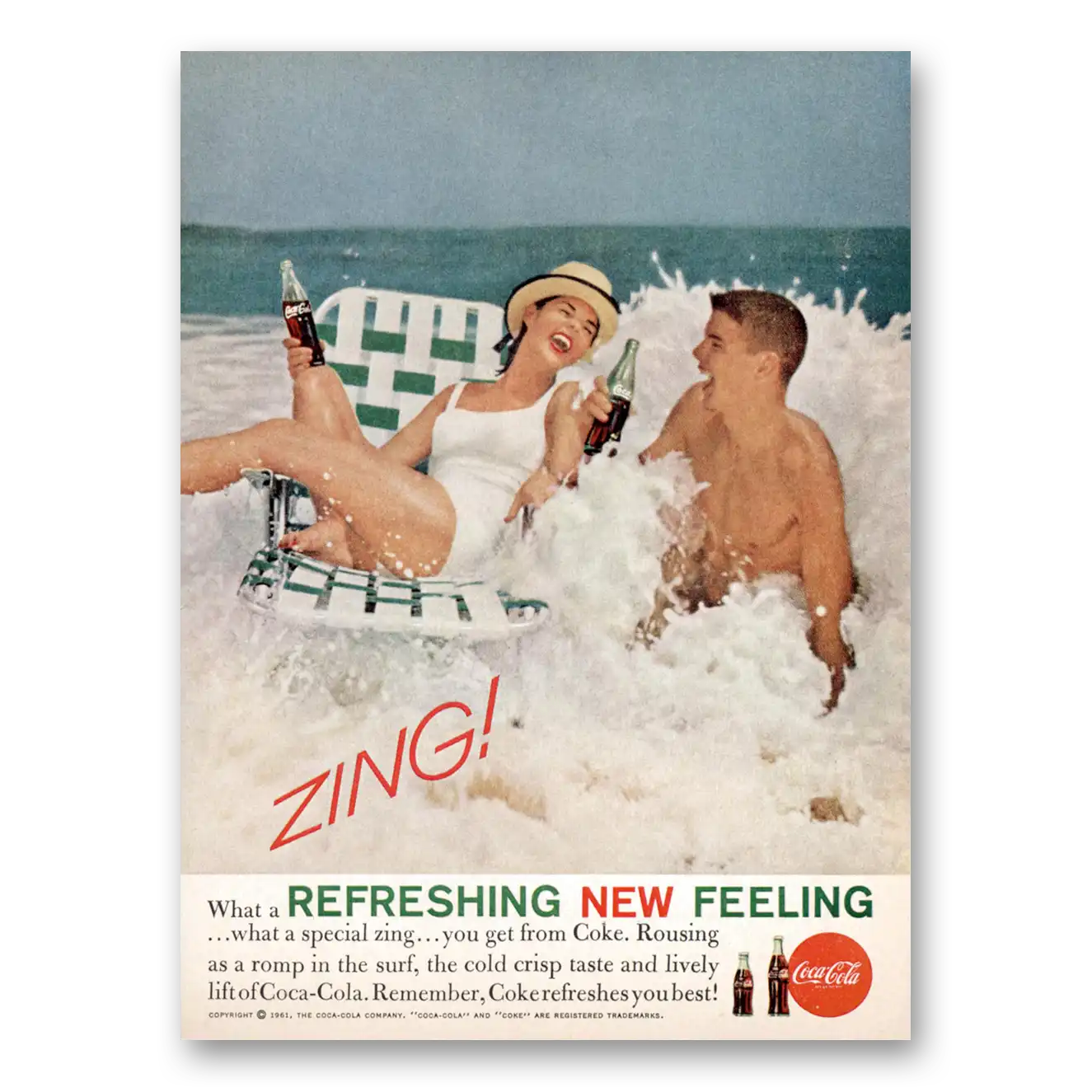 1961 Coca Cola Zing Beach Vintage Magazine Print Ad