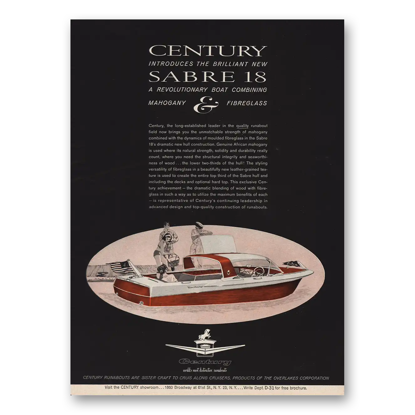 1961 Century Sabre 18 Boat Combining Mahogany and Fibreglass Vintage Magazine Print Ad