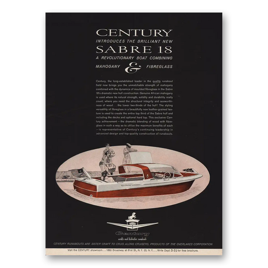 1961 Century Sabre 18 Boat Combining Mahogany and Fibreglass Vintage Magazine Print Ad