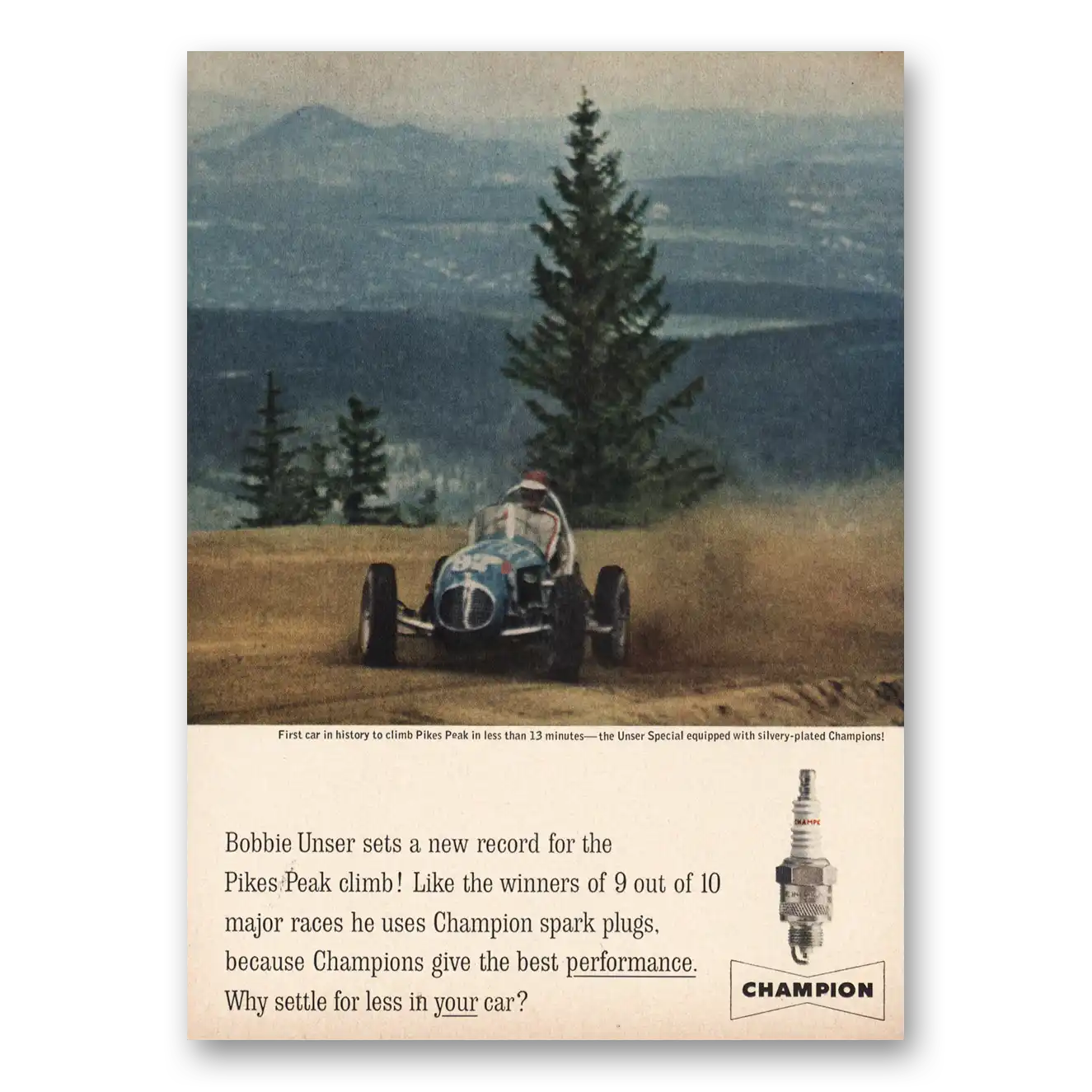 1961 Champion Spark Plugs Bobby Unser Sets a New Record Vintage Magazine Print Ad