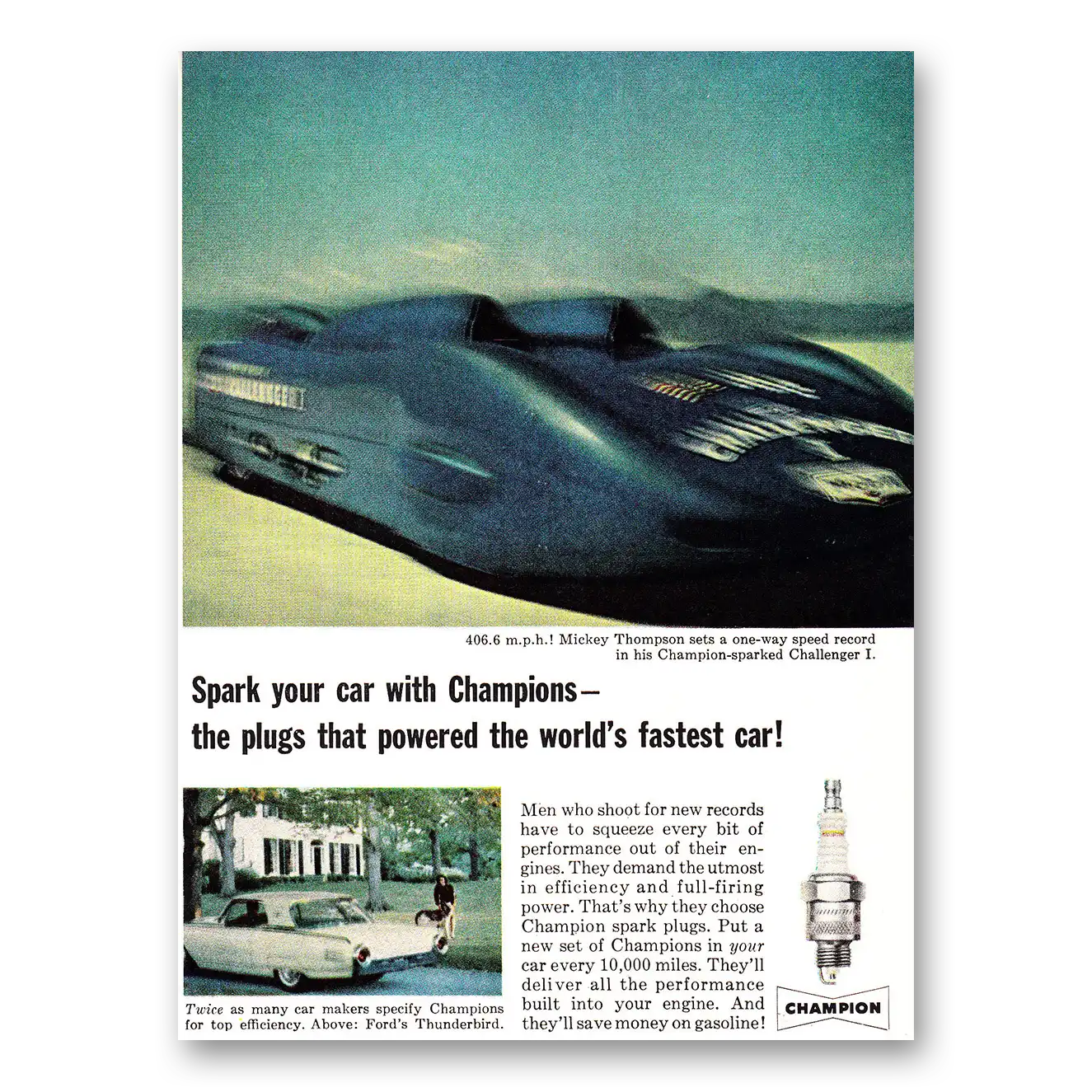 1961 Champion Spark Plugs Spark Your Car Mickey Thompson Vintage Magazine Print Ad