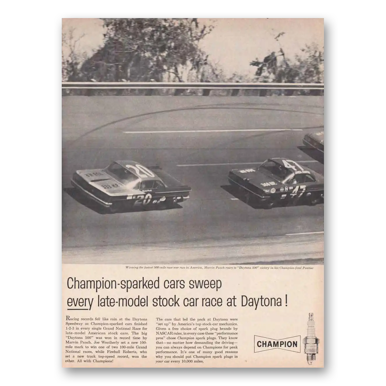 1961 Champion Spark Plugs Daytona Marvin Panch Vintage Magazine Print Ad