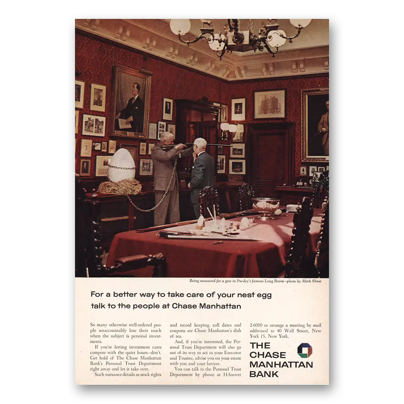 1961 Chase Manhattan Bank Purdeys Long Room Vintage Magazine Print Ad