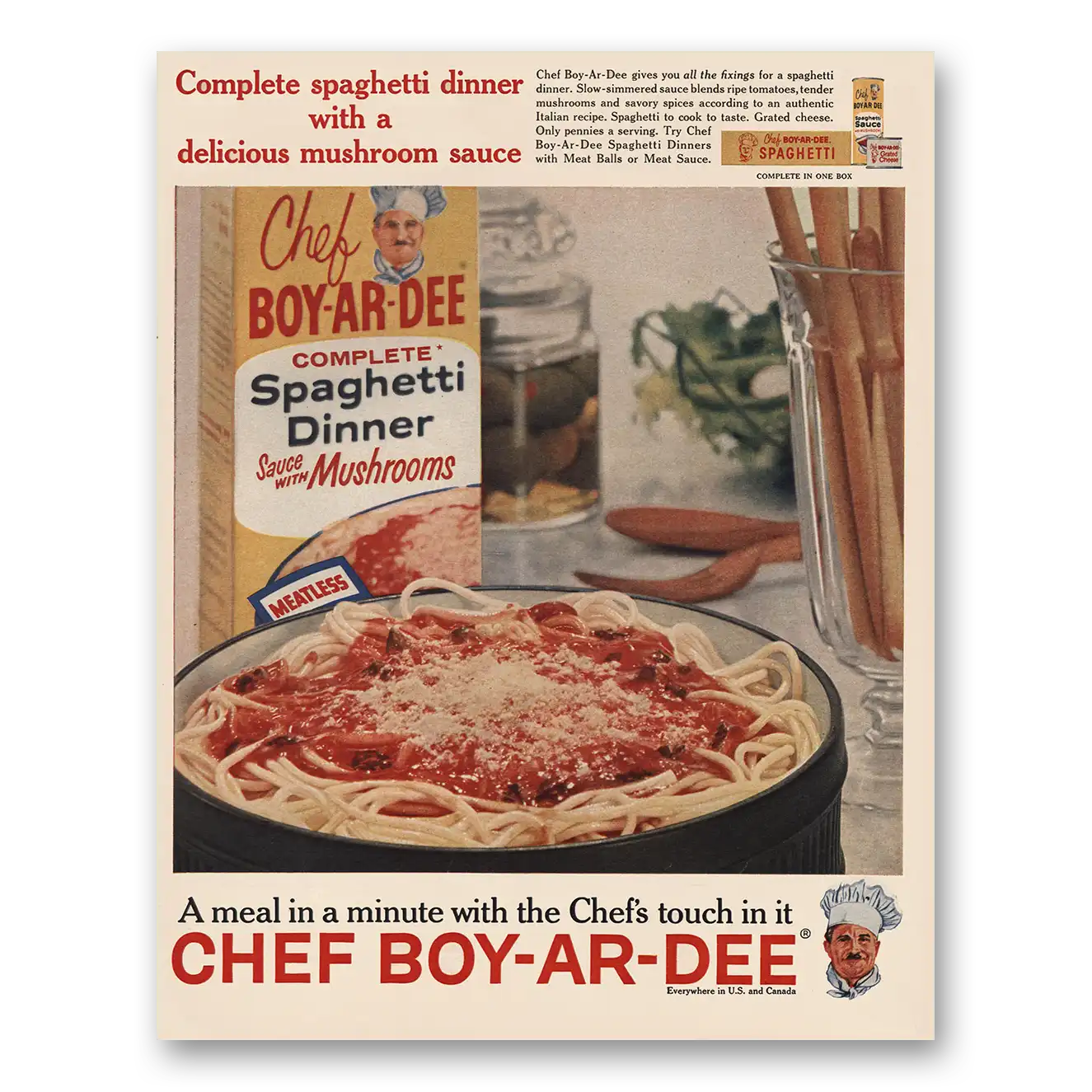 1961 Chef Boy-Ar-Dee Spaghetti Dinner Mushrooms Vintage Magazine Print Ad