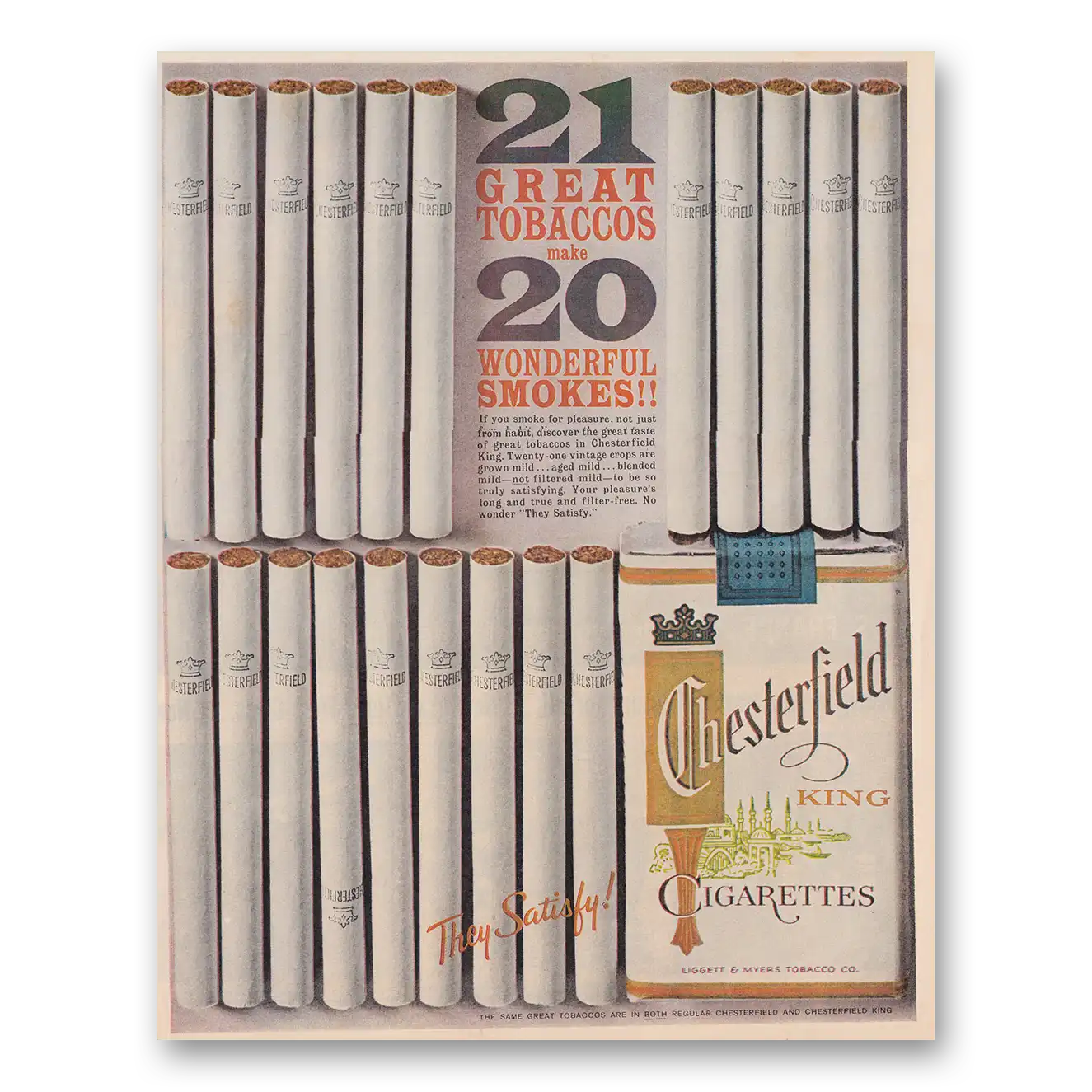 1961 Chesterfield Cigarettes Great Tobaccos Vintage Magazine Print Ad