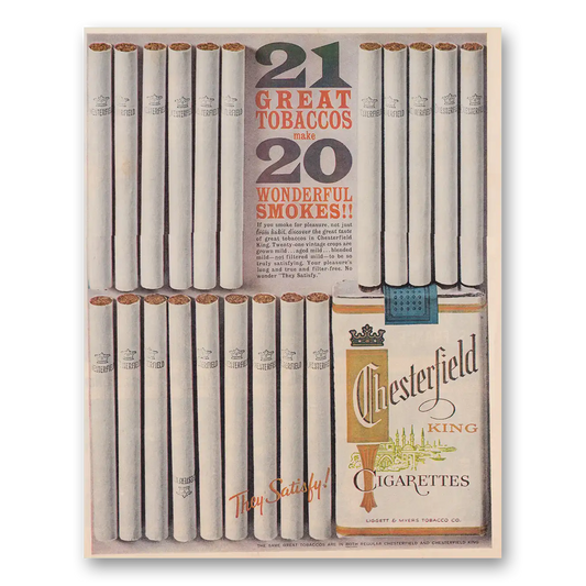 1961 Chesterfield Cigarettes Great Tobaccos Vintage Magazine Print Ad