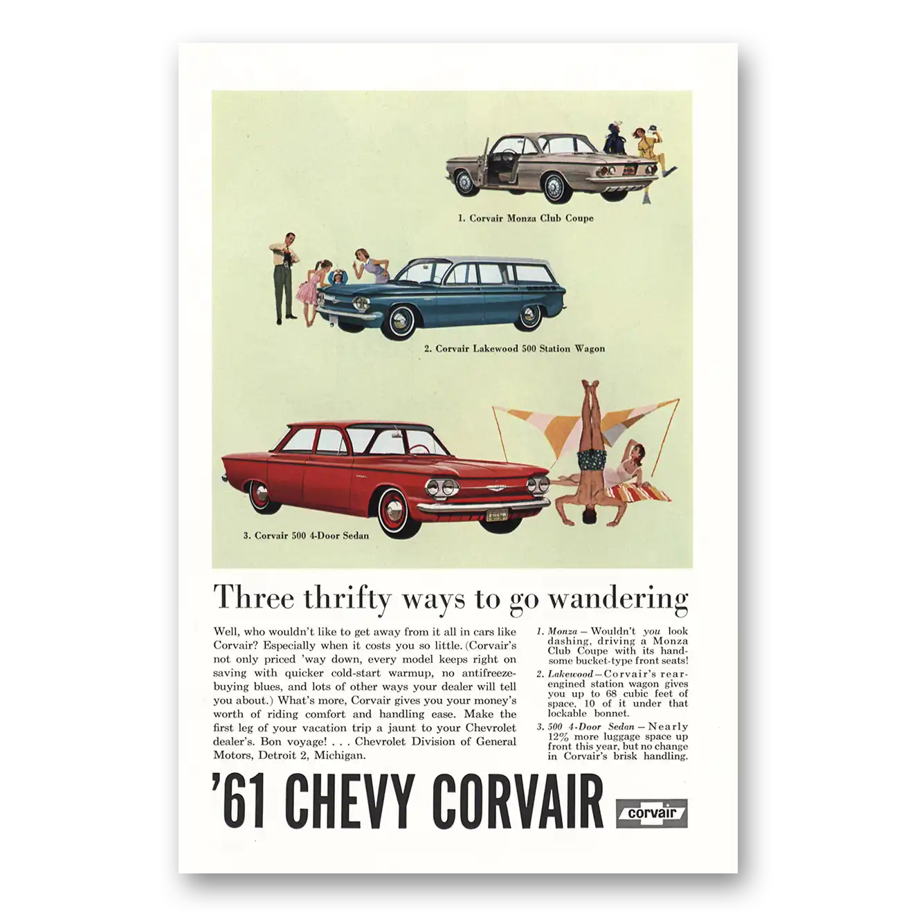 1961 Chevrolet Corvair Three Thrifty Ways to Go Wandering Lakewoood Monza Vintage Magazine Print Ad