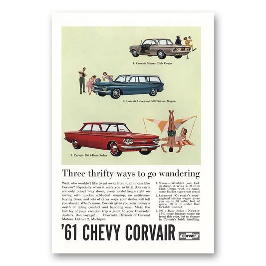 1961 Chevrolet Corvair Three Thrifty Ways to Go Wandering Lakewoood Monza Vintage Magazine Print Ad