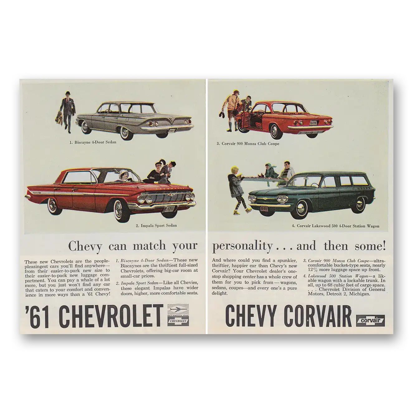 1961 Chevrolet Corvair Chevy Can Match Your Personality Vintage Magazine Print Ad