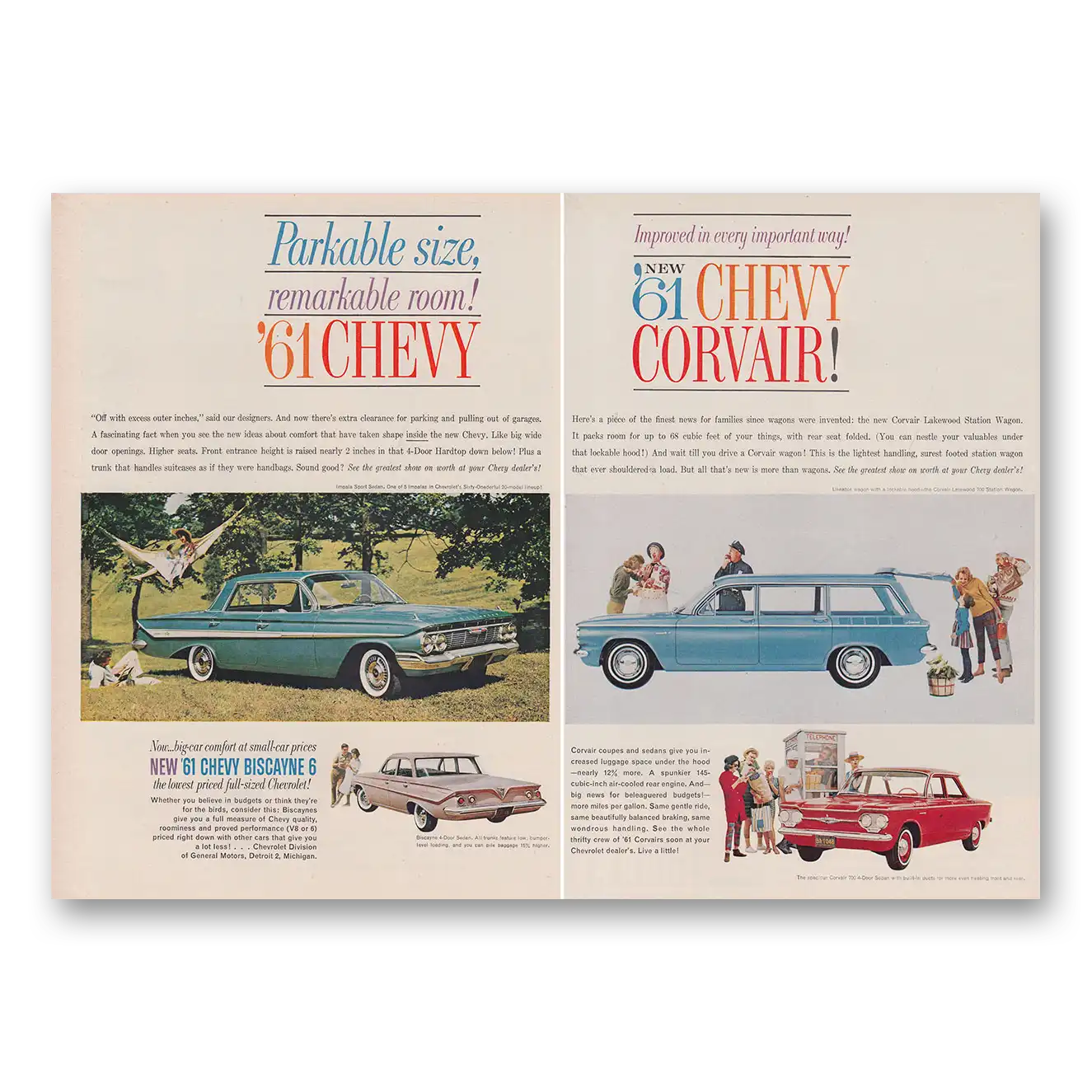 1960 Chevrolet Corvair Parkable Size Remarkable Room Vintage Magazine Print Ad