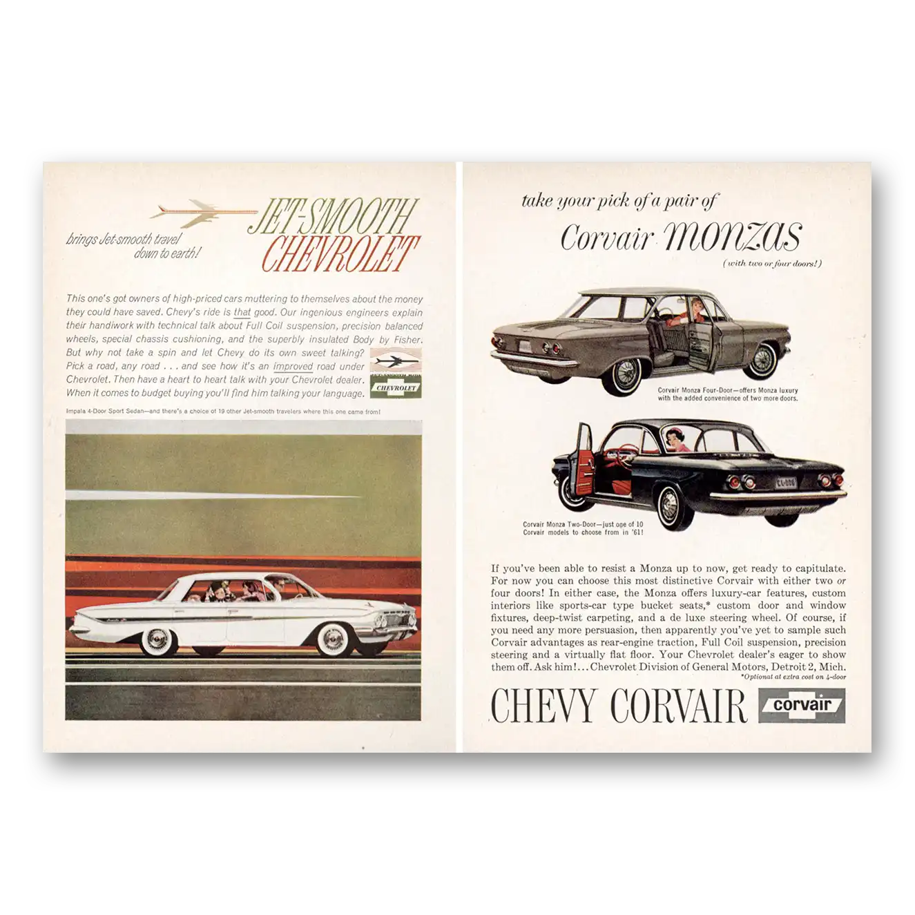 1961 Chevrolet Corvair Monzas Jet Smooth Vintage Magazine Print Ad