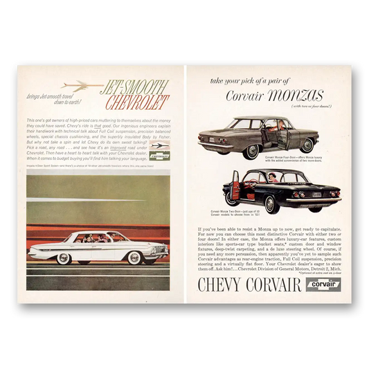 1961 Chevrolet Corvair Monzas Jet Smooth Vintage Magazine Print Ad