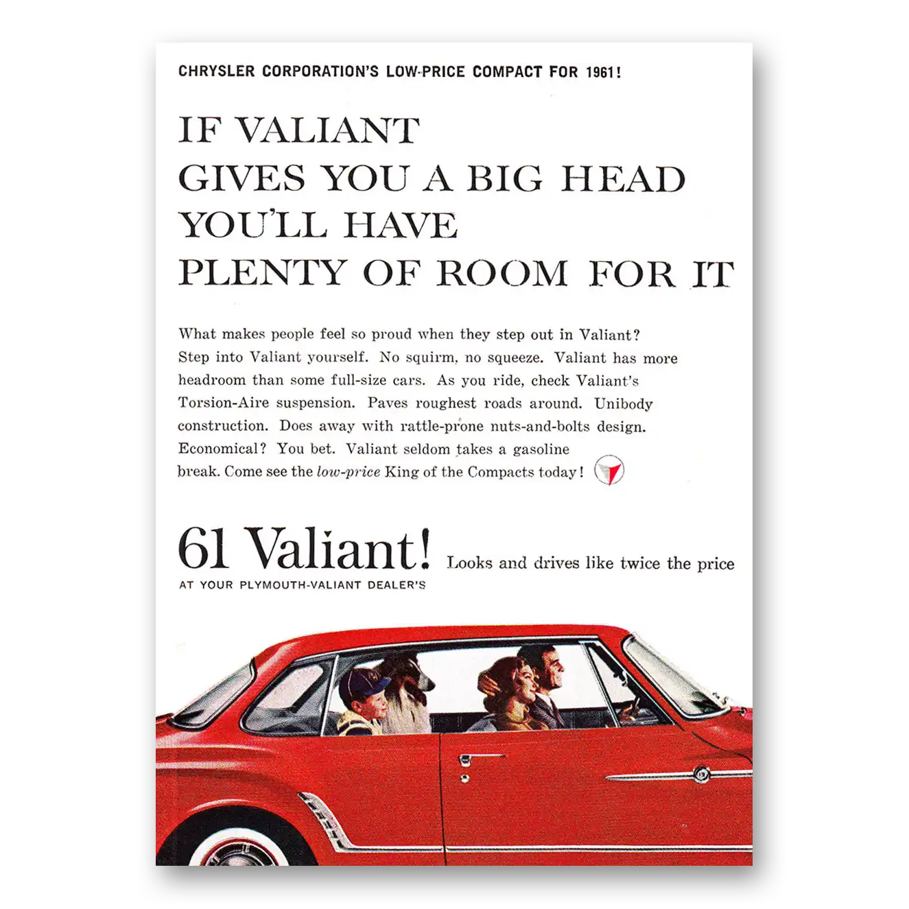 1961 Plymouth Valiant Gives You a Big Head Vintage Magazine Print Ad