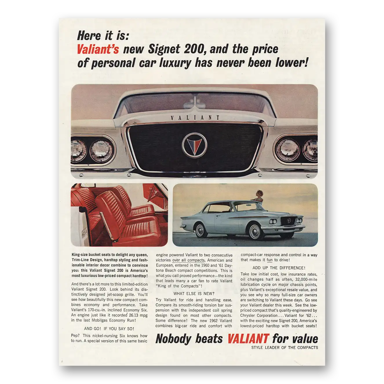 1961 Plymouth Valiant Signet 200 Personal Car Luxury Vintage Magazine Print Ad